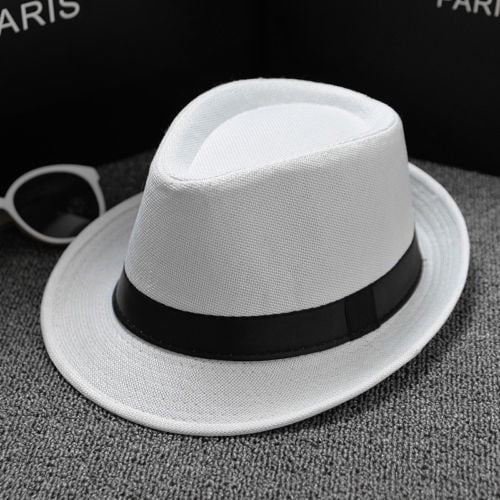 New Design Unisex Straw Fedora Sun Hat Panama Trilby Crushable Mens Ladies Foldable Travel. A lightweight, white straw fedora with a wide brim and a traditional black band, designed for men and women. Features an inner headband for a comfortable fit, ideal for summer days, beach outings, or travel. Approximately 58 cm in size.