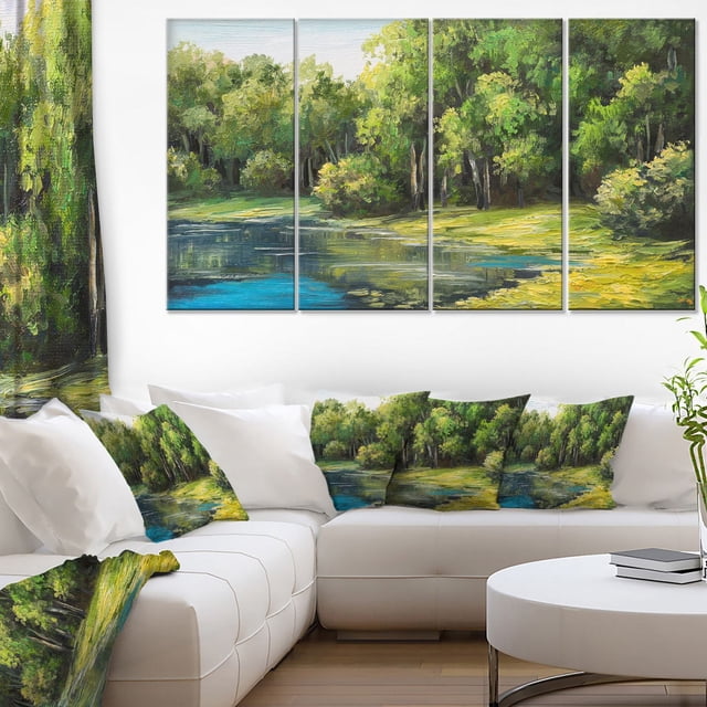 Design Art Journée d'Été Lac dans la Forêt Impression sur Toile Galerie Enveloppée sur Toile de Coton de Haute Qualité en Quatre Panneaux, Affichée au-Dessus d'Un sofa Sectionnel Blanc avec Coussins Décoratifs Assortis et Rideau Présentant le Même Design de Lac de Forêt, Prête à Accrocher avec Ensembles Inclus, Idéale pour Rehausser la Déco Maison Moderne.