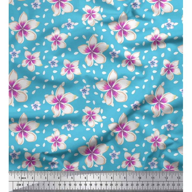 Soimoi Blue polyester Crepe Fabric Leaves & Flower Floral Print Fabric by Yard 52 Inch Wide