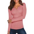 thumbnail image 1 of Opperiaya Women Spring T-Shirt Solid Color Henley Neck Long Sleeve Pullover, 1 of 8