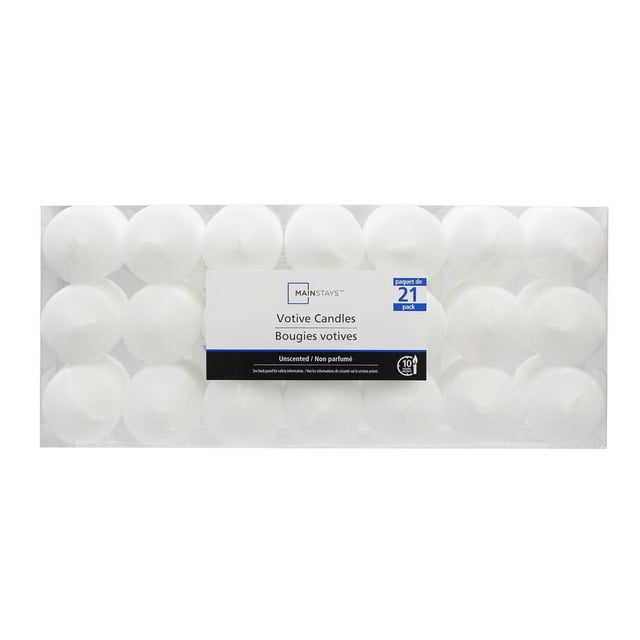Mainstays 21PK Unscented White Votive Candles 21 unscented white wax votives, 1.5" dia x 1.6" H (3.8 cm x 4.1 cm), cotton wick, approx. 10-hour burn; shown upright on a plain surface, suitable for standard votive holders, ambient tabletop lighting and emergency use.