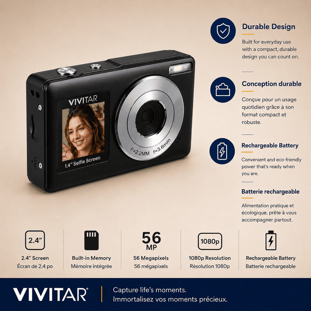Vivitar PopSnap Duo 56MP Digital Camera with Dual Screens, 2.7K