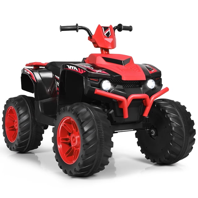 Costway 12V Kids 4-Wheeler ATV Quad Ride On Car in red, featuring LED headlights, music, USB connectivity, and Bluetooth. Designed for children aged 3-7 years, it has a durable PP and iron frame, four wear-resistant wheels, and a weight capacity of 77 lbs. The ATV offers high and low-speed options, forward and reverse modes, and a slow start for safety. Suitable for various terrains like wood floors, cement roads, and beaches.