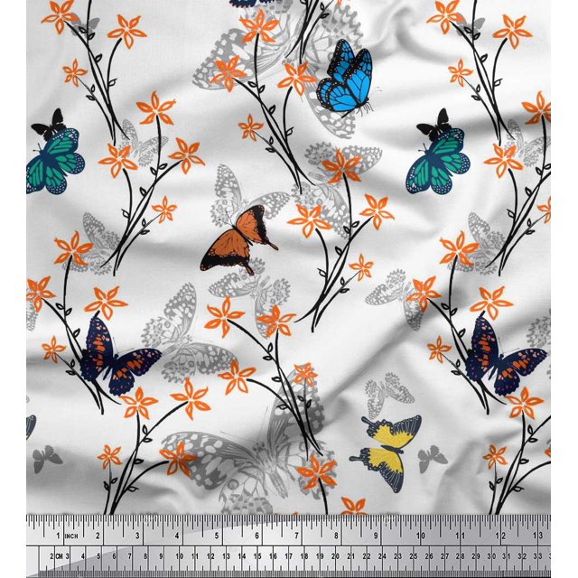 Soimoi White Poly Georgette Fabric Flower & Butterfly Print Fabric by The Yard 52 Inch Wide
