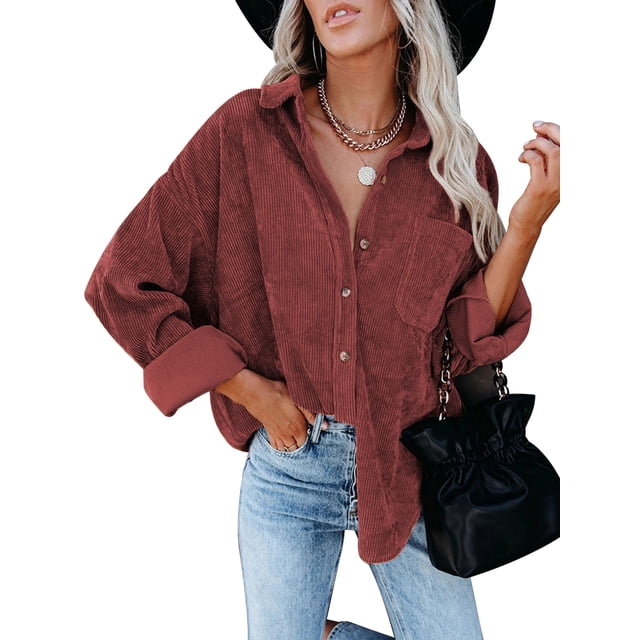 Womens Corduroy Casual Button Down Shirts Long Sleeve Boyfriend Oversized Collared Shacket Jacket Blouses Tops