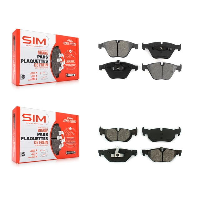 SIM Front Rear Semi-Metallic Brake Pads Kit for Car BMW 328i xDrive 323i X1 328xi KSM-100416. The image displays two SIM-branded boxes labeled 'Semi-Metallic Brake Pads' and front and rear brake pad sets. The pads are made with a MetalliX™ low resin semi-metallic compound for superior braking performance, rubberized stainless steel shims for noise reduction, and high carbon steel with anti-rust paint for durability. Compatible with select BMW models, including 328i, 323i, and X1, with specific rotor diameters. Includes hardware for installation.