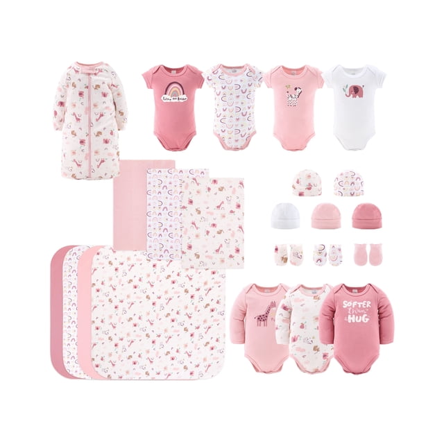 The Peanutshell Newborn Layette Gift Set for Baby Girls, featuring 23 essential pieces in pink with rainbow and safari animal designs, suitable for 0-3 months. Includes 4 short sleeve bodysuits, 3 long sleeve bodysuits, 1 sleep sack, 3 receiving blankets, 3 burp cloths, 5 beanies, 2 pairs of mittens, and a wearable blanket. Made of soft 100% cotton with expandable necklines, reinforced snaps, and ribbed cuffs for comfort. Items are displayed in a coordinated layout showcasing the vibrant patterns and colours.