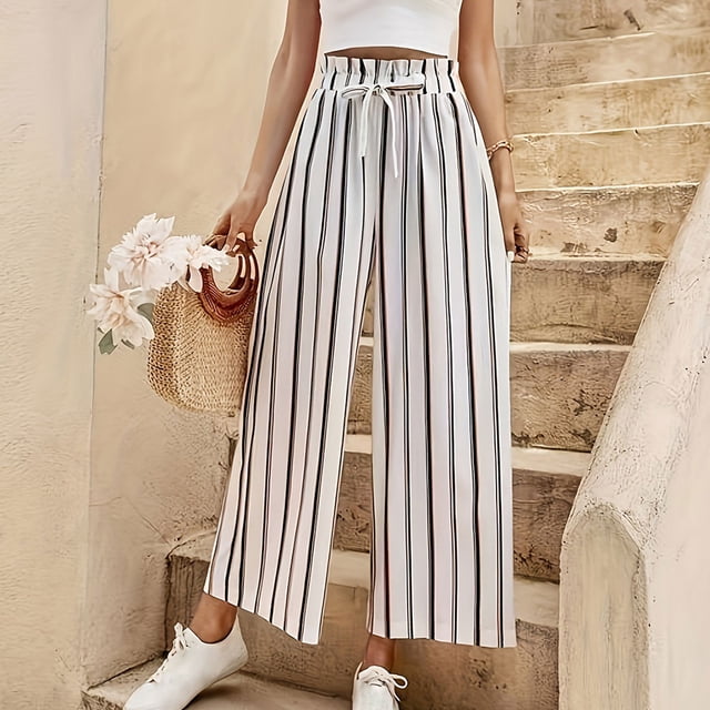 AherBiu Pantalon à Jambe Grand pour Femmes Taille Haute à Cordon Rayé Pantalon Décontracté d'Extérieur Tendance avec Poches