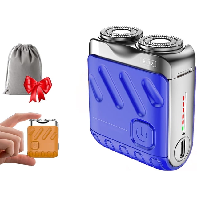 Portable Rotary Dual Ring Electric Shaver, Washable Double Head Razor,Afeitadora EléCtrica PortáTil Rotativa De Doble Anillo, Mini Small Steel Cannon Rotary Dual Ring Electric Razor. (Blue)