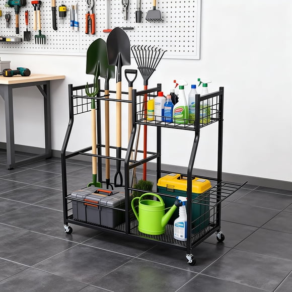 Garage Rolling Garden Tool Organizer Stand - Mobile Storage Rack for Yard & Lawn Tools (Rakes, Brooms, Mops, Hoses) - Heavy-Duty Organizer Cart, Matte Black