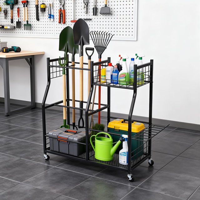 Garage Rolling Garden Tool Organizer Stand - Mobile Storage Rack for Yard & Lawn Tools (Rakes, Brooms, Mops, Hoses) - Heavy-Duty Organizer Cart, Matte Black