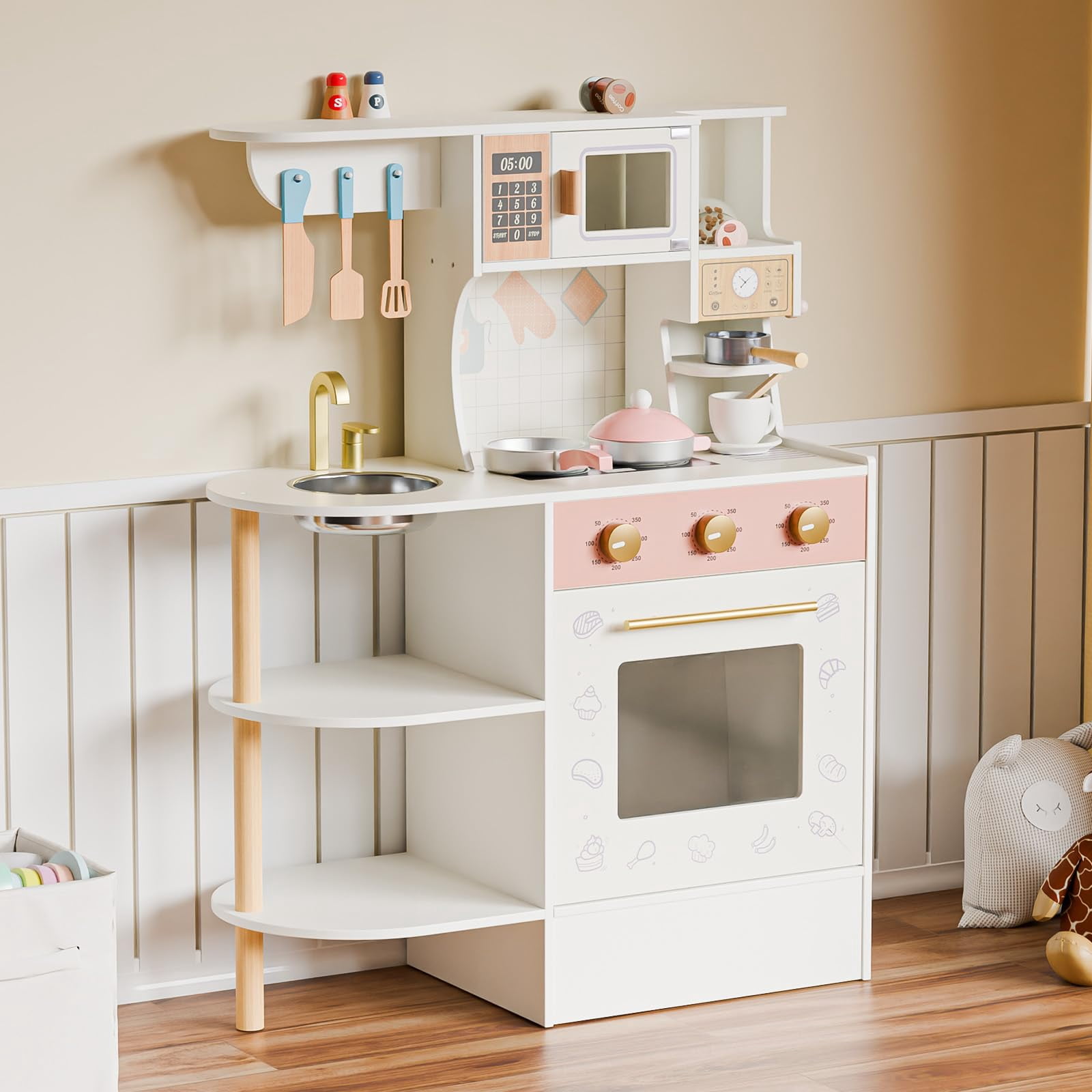 JOYMOR Kids Play Kitchen Sets, Toddler Kitchen w/Kitchen Sink & Ample Play Kitchen Accessories, Ideal for Creative Pretend Play for Children 3-10 (Cr