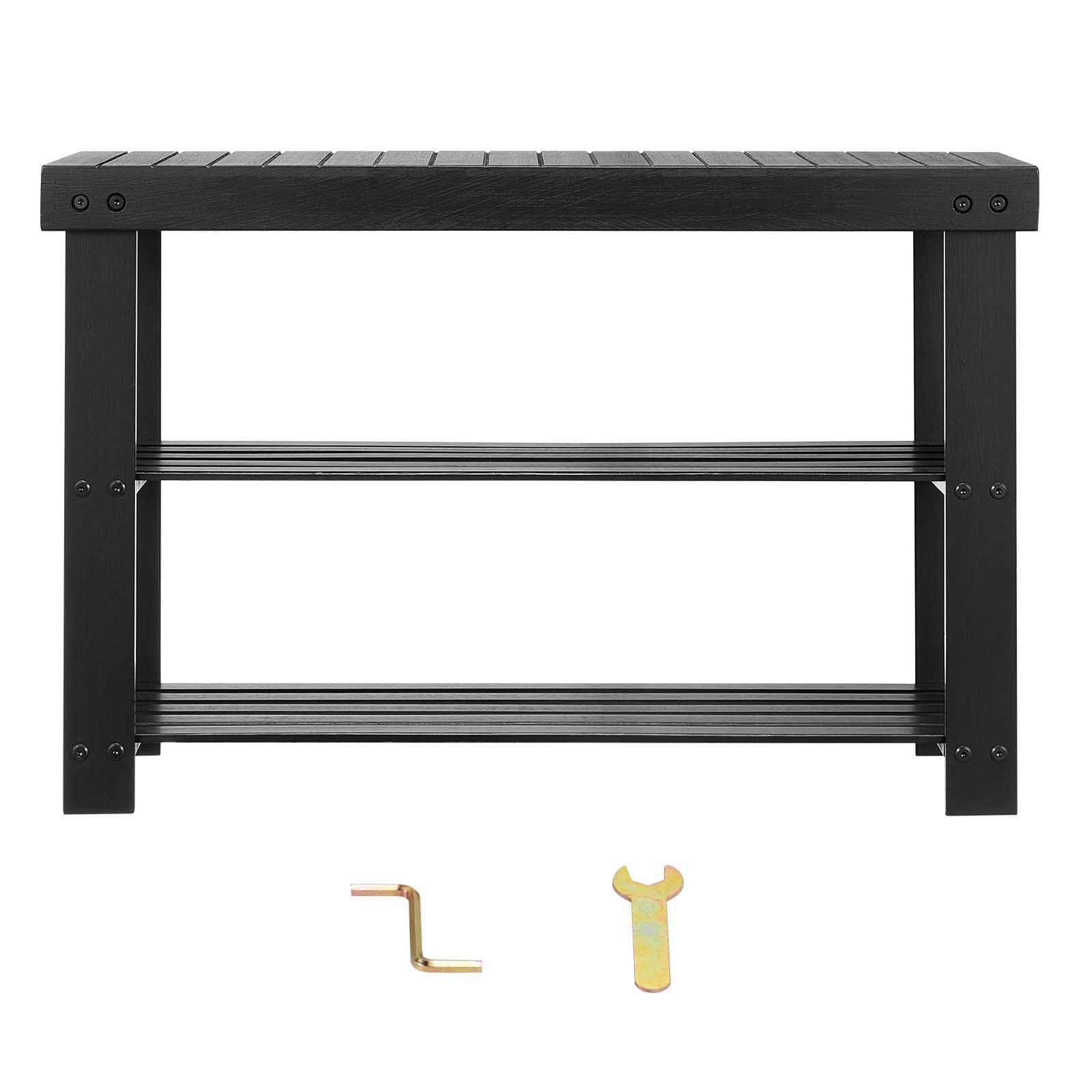 KFFKFF Shoe Rack Bench, 3-Tier Bamboo Entryway Bench, Shoe Storage Organizer Holds Up to 286 lbs, 27.6 x 11.3 x 17.8 Inches, Black