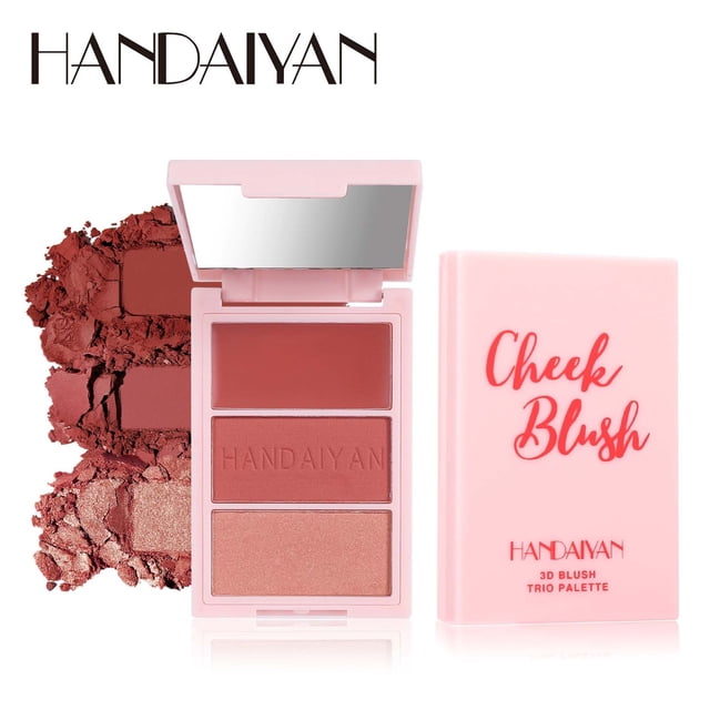 Dvkptbk blush palette with three shades of natural and delicate powder blush for contouring and highlighting. Packaged in a compact pink case with 'Cheek Blush' branding and a built-in mirror. Suitable for use as blush, eyeshadow, or lipstick, offering versatile makeup applications.