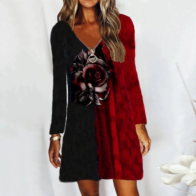 Robe Ample Décontractée pour Femmes à Col en V Classique à Manches Longues avec Imprimé Floral