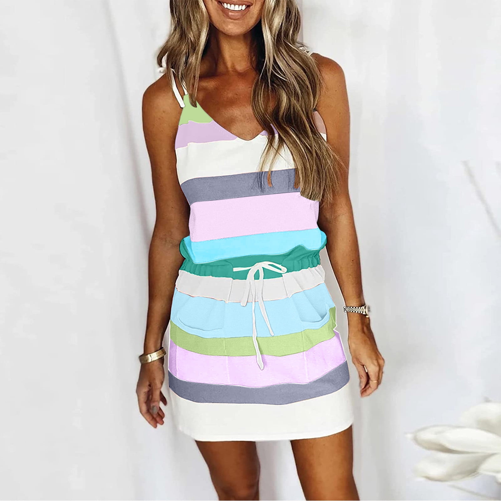 Robe T-Shirt Femme Décontractée à Col en V Sans Manches, Bandage, à Rayures Imprimées, Ample, Style Camisole, Robe à Bretelles, Robes de Plage pour Femmes en Liquidation