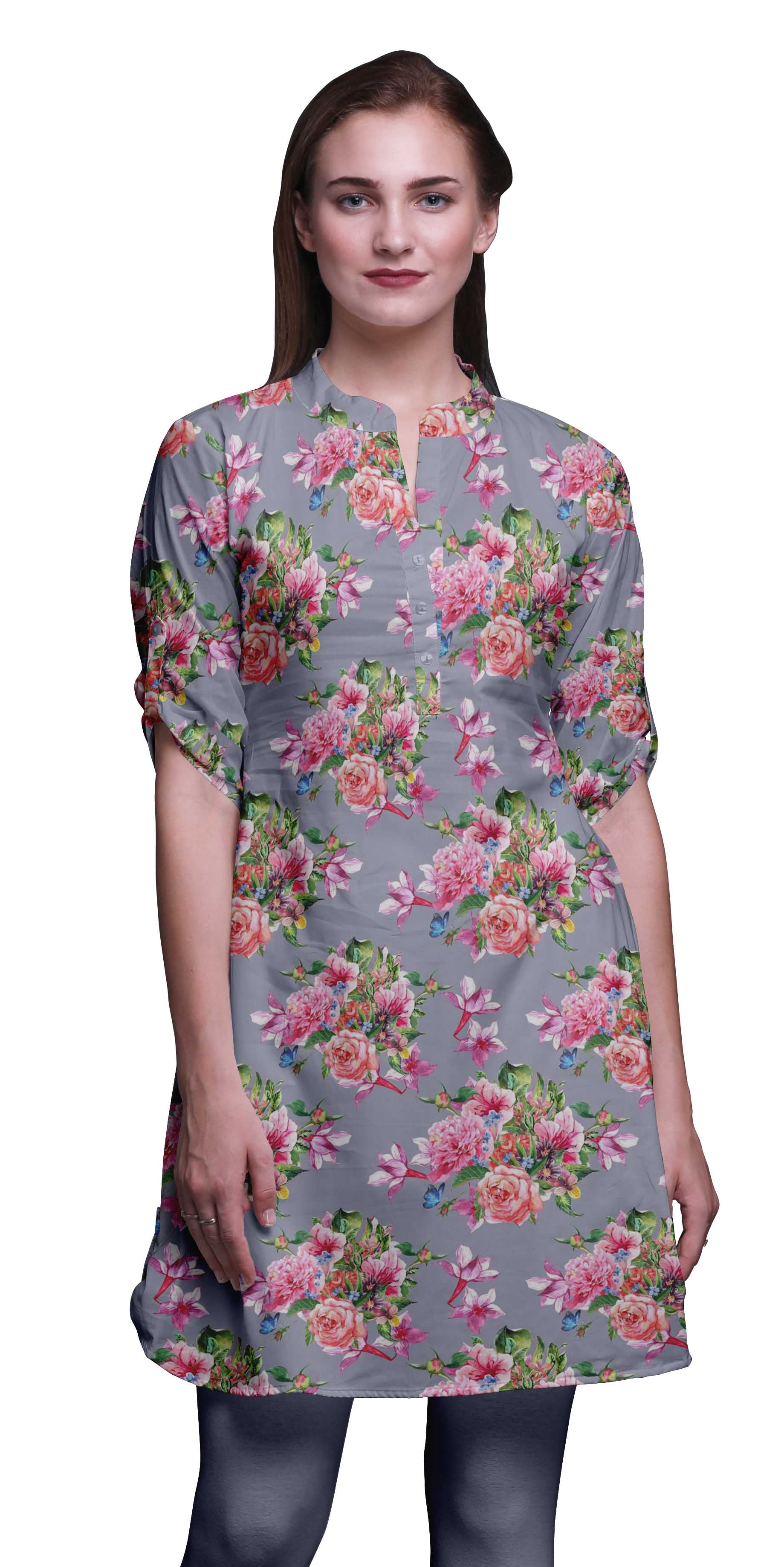 Bimba Indian Short Kurtis For Women Printed Tunic Roll Up Sleeve Shirt
