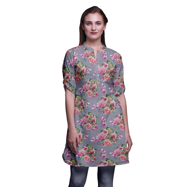 Bimba Kurtis Indiennes Courtes pour Femmes Tunique Imprimée Chemise à Manches Roulées