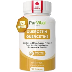 QUERCETIN Capsule 400mg Par service (Fabriqué au Canada) 100% Naturel 100% Laboratoire testé Source d'antioxydants Médecine à base de plantes & Protection des vaisseaux sanguins 120 Gélules (emballage de 1)