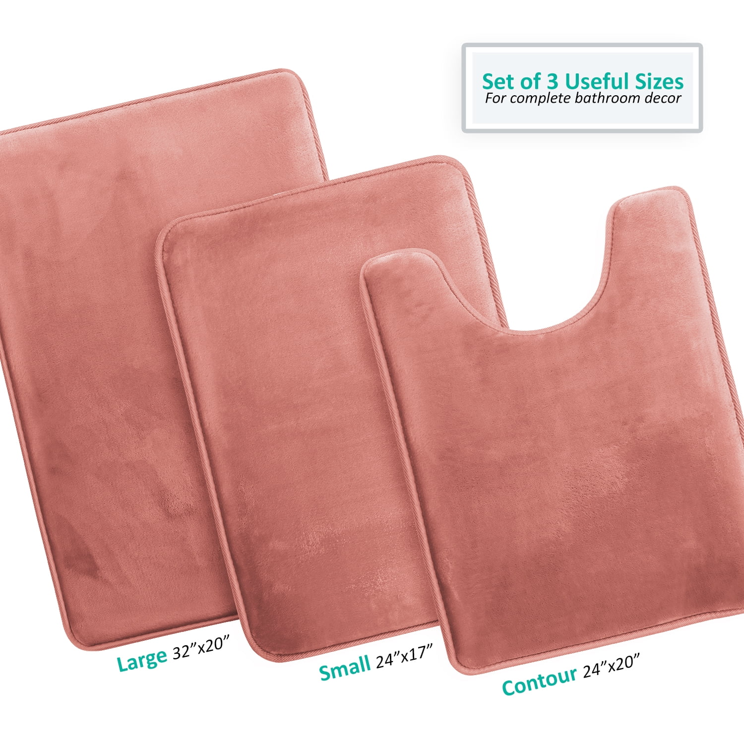 Set of 3 Clara Clark Bath Mat Bathroom Rug - Absorbent Memory Foam Bath Rugs - Non-Slip, Thick, Cozy Velvet Feel Microfiber Bathrug - Misty Rose - Large 20"x32" - Small 17"x24" - Contour 24"x20"