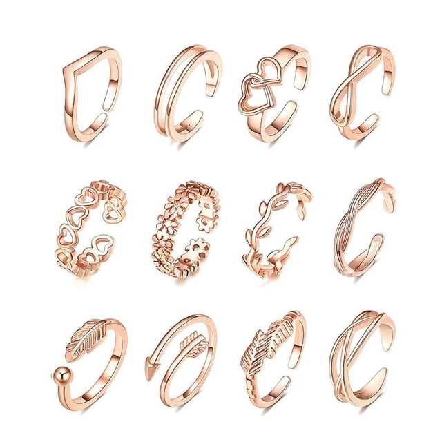Ensemble de 12 Bagues d'Orteil Fleur Ajustables pour Femmes, Bague à Queue Ouverte, Kit de Bijoux