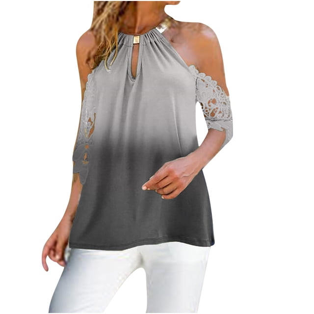 Leutsin Women Halter O-Neck Gradient Printing Off Shoulder Short Sleeve Hollow Out Tops