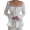 thumbnail image 1 of Faithtur Hauts Plissés pour Femmes, Manches Longues Col Carré Bandage Couleur Unie Chemise de Rue Décontractée, 1 of 9