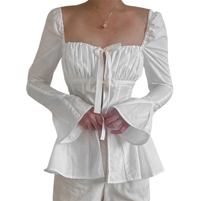 Faithtur Hauts Plissés pour Femmes, Manches Longues Col Carré Bandage Couleur Unie Chemise de Rue Décontractée