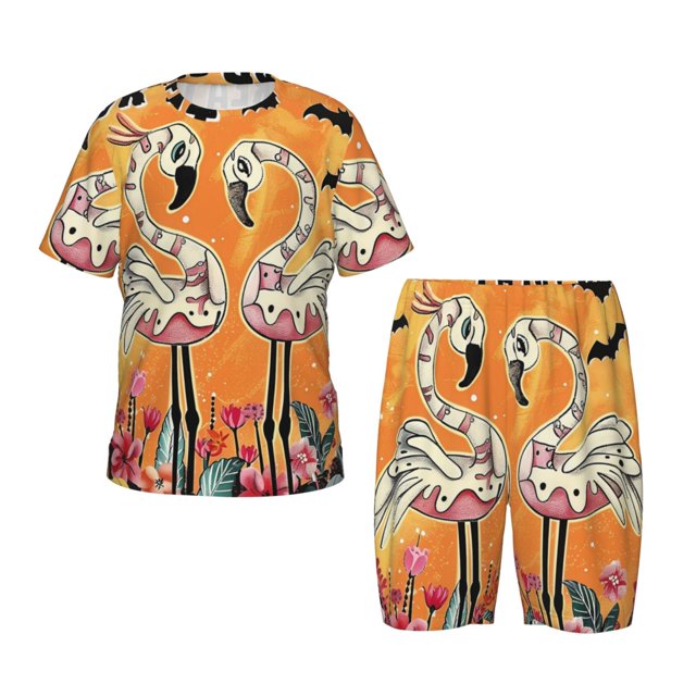 Sikiie Ensemble de Pyjama à Manches Courtes pour Enfants Imprimé Flamants Roses d'Halloween, Haut à Col Rond avec Taille Élastique et Shorts, Ensemble Deux Pièces, Adapté aux Pyjamas et Vêtements de Maison-3TG