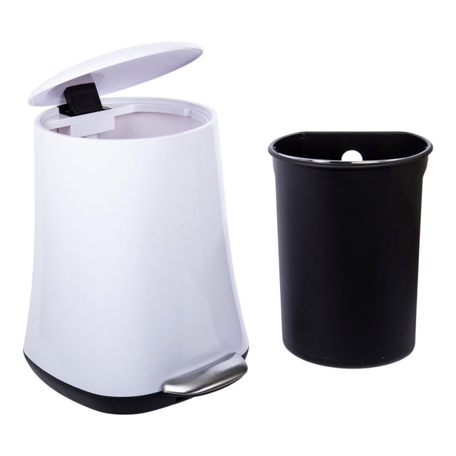 Luciano Poubelle de Qualité Supérieure avec Corps en Plastique Blanc Évasé et Pédale en Métal pour une Ouverture Silencieuse et Mains Libres du Couvercle, Montrée avec un Seau Intérieur Noir Amovible pour une Élimination Facile des Déchets, Idéale pour la Salle de Bain Ou le Bureau.