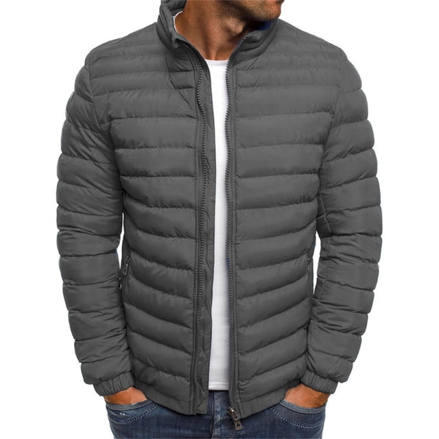 Mens Solid Color Jacket Cotton Padded Jacket Fashion Cotton Padded Jacket Mens Warm Cotton Padded Jacket in grey. This polyester jacket features a quilted design with horizontal stitching, a front zipper closure, and elasticized cuffs. It includes a high collar for added warmth and side pockets for convenience. Suitable for casual wear and layering during colder weather.