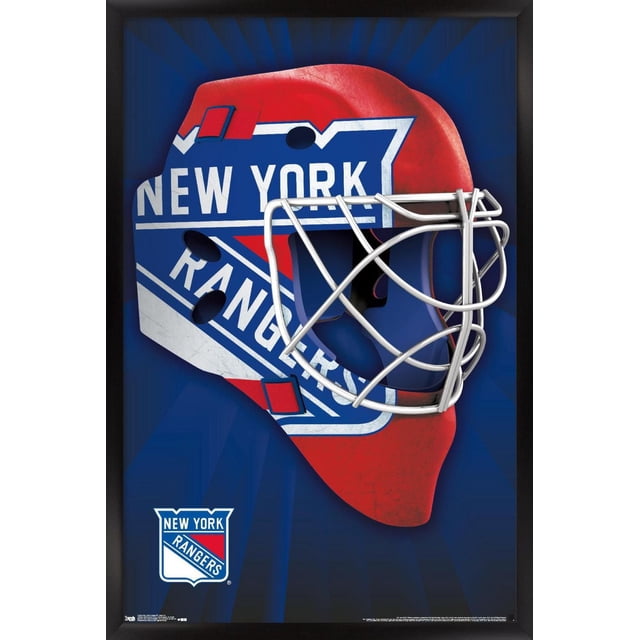 NHL New York Rangers - Mask 16 Wall Poster, 22.375" x 34" showing a front-facing hockey goalie mask with a red base and the New York Rangers logo in blue, white, and red covering the mask surface, with a silver metal cage over the face area, set against a dark blue background with a subtle radial pattern and framed in black. This glossy poster is lightweight and suitable for decorating bedrooms, offices, or dorm rooms to add team spirit.