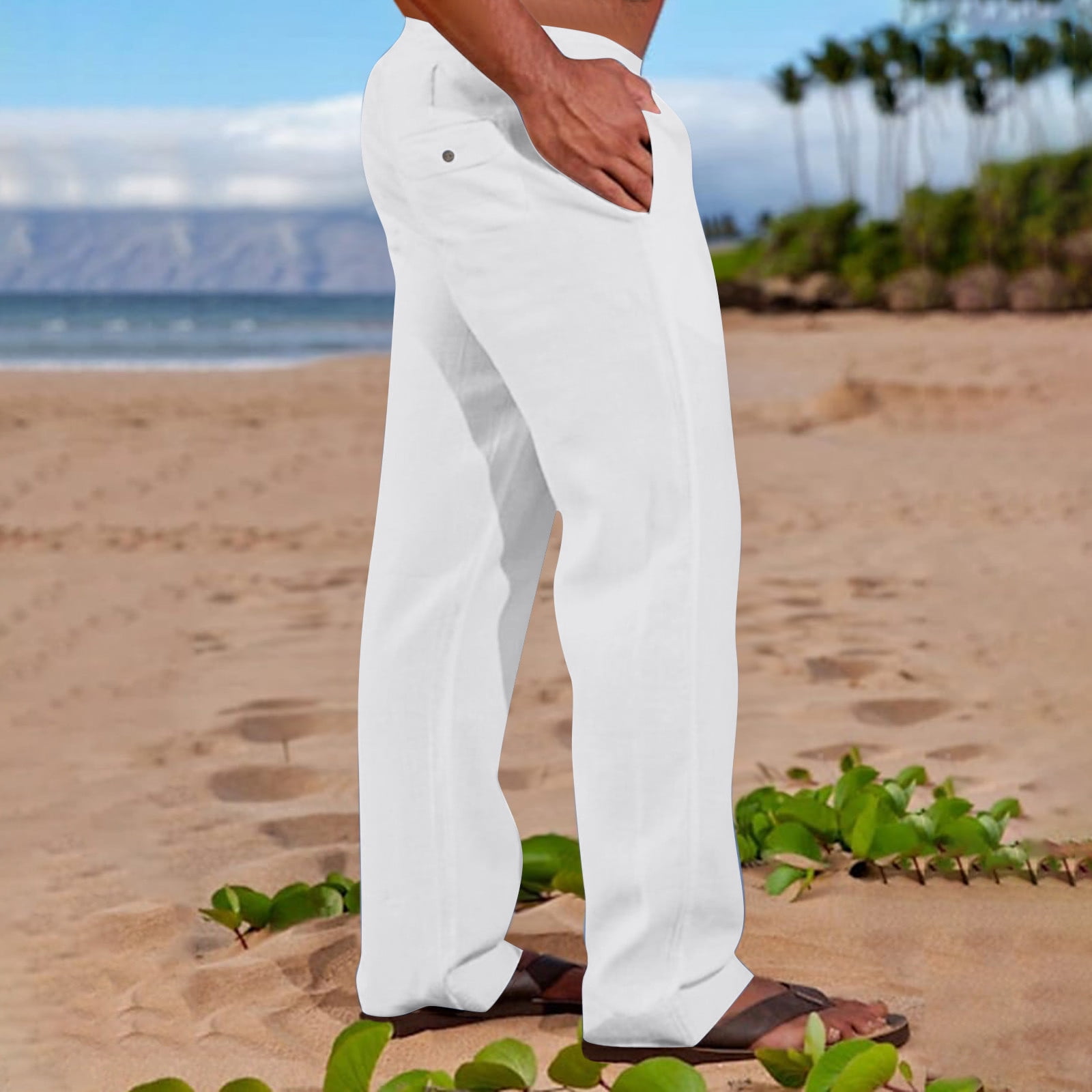 パンツ PT01 cotton linen 1pleats white pants Aqestyerly Men's Cotton Linen Pants Casual Elastic Waist Pocket