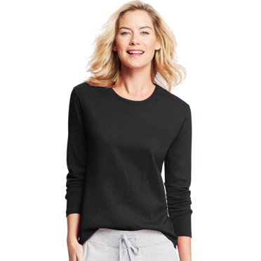 Hanes Women`s Long-Sleeve Crewneck T-Shirt, M, Ebony
