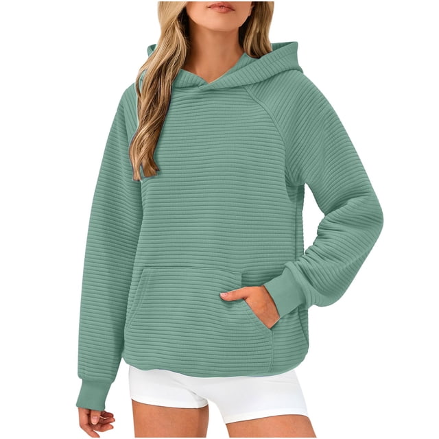 Penkiiy Chandail à Capuchon Surdimensionné pour Femmes 2024 Automne Manches Longues Col Rond Chandails Texturés Chandail à Enfiler Hauts avec Poche G Vert