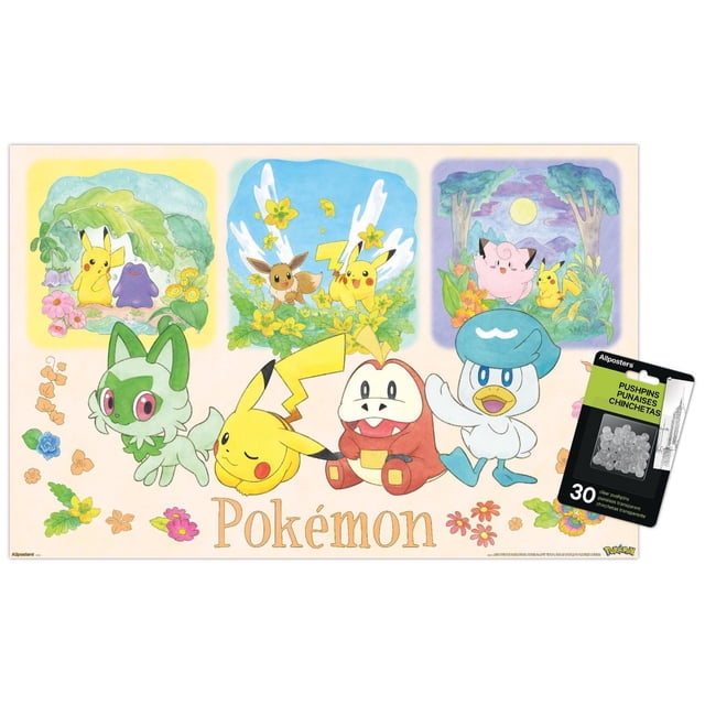 Pokémon : une Scène - Affiche Murale de Groupe, 14,725 Po x 22,375 Po Encadrée, Représentant des illustrations Colorées de Personnages Pokémon Orientés vers l'Avant, Dont Pikachu, Eevee, Grookey, Darumaka et Ducklett avec accents Floraux et Trois Scènes de nature Encadrées Mettant en Vedette Ditto, Clefairy et Pikachu, sur un Fond Crème avec le logo Pokémon, Convient pour Décorer des Chambres, des Bureaux Ou des