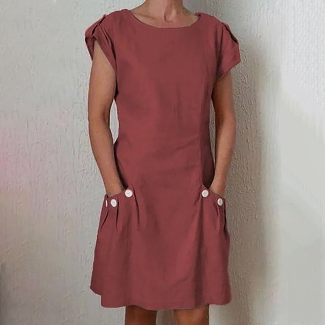LOVZFMLL Women's New Solid Button Double Pocket Contrast Round Neck Dress Wine 2XL