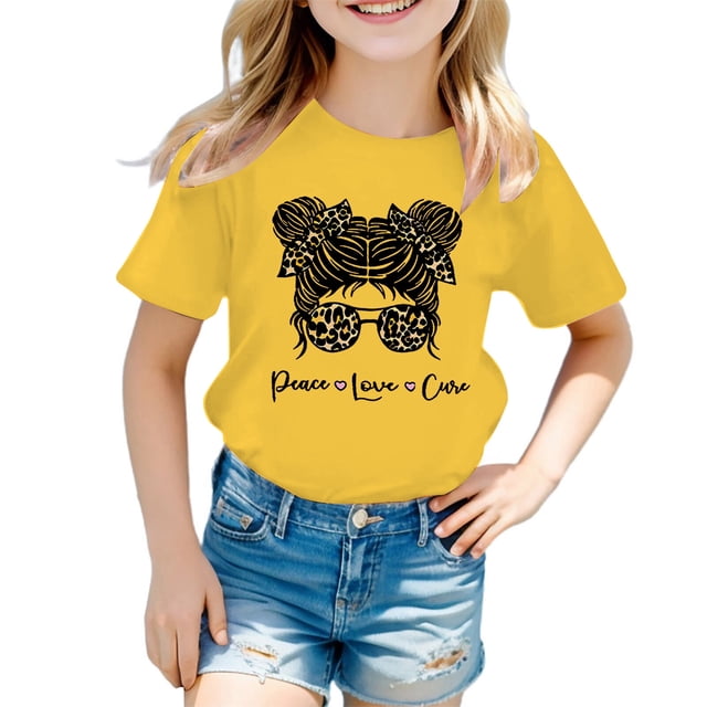 LUOGENLI T-Shirt pour Filles Enfant Filles Mignon Graphique Col Rond Manche Courte Tee Été Décontracté T-Shirt Chandails pour Filles Tendance Été Midi Jaune 11-12 Ans