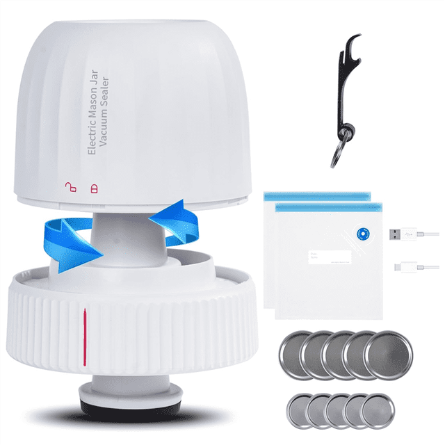 Scelleuse sous vide Électrique pour Pots Mason, Scelleuse sous vide Automatique pour Pots Mason à Grand et à Ouverture Régulière, Illustrée en Blanc avec un design compact. Comprend 5 Grands Capuchons de Scellage, 5 Petits Capuchons de Scellage, 2 Sacs sous vide Réutilisables, un Outil Ouvre-Boîte, un Câble de Chargement Type‐C et une Buse pour Sacs sous vide. Conçue pour l'Entreposage des Aliments, Sacs sous vide et Fonctionnement Mains Libres avec Fonction d'Arrêt Automatique. Rechargeable avec une Batterie au lithium de 1200 mAh, Peut Sceller jusqu'à 150 Pots