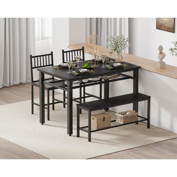 Ensemble de Chaises et Table de Cuisine Style Ferme pour 4–47 Pouces Table à Manger Moderne pour 4 avec Banc&Chaises, Étagère de Rangement&Cadre en Métal, Conception Gain de Place pour Salle à Manger/cuisine/appartement