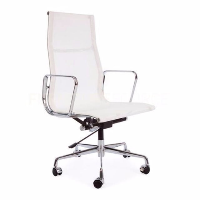 Nicer Furniture Tilt Adjustable Seat High Back Mesh Executive Office Chair in white with chrome metal arms and base, featuring a tall breathable mesh backrest, built-in lumbar support, knee-tilt locking mechanism, and five caster wheels for easy movement, suitable for ergonomic office seating.