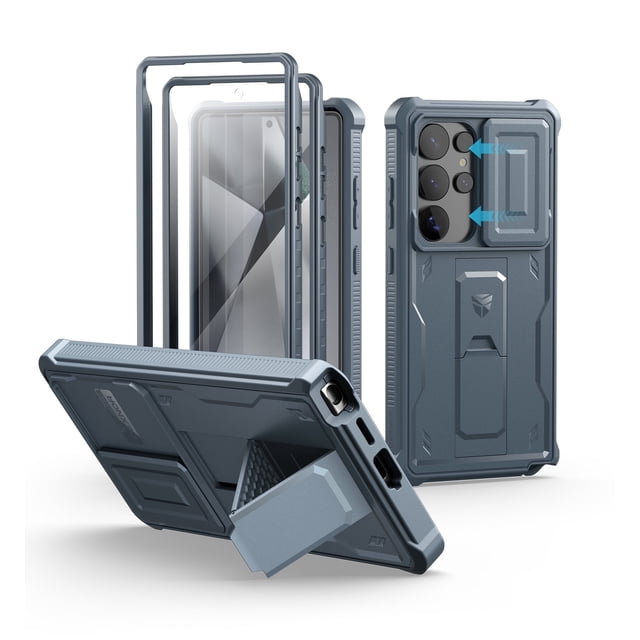 Dexnor for Samsung Galaxy S25 Ultra Case in blue, featuring a built-in slide camera cover, screen protector, and kickstand. This rugged, shockproof full-body bumper case offers military-grade drop protection up to 10ft, precise cutouts for ports and buttons, and compatibility with wireless charging and PowerShare. The case includes a PET screen protector and raised edges for added screen safety, along with a versatile kickstand that doubles as a ring holder for secure grip or hands-free viewing. Designed for outdoor adventures like hiking and camping.