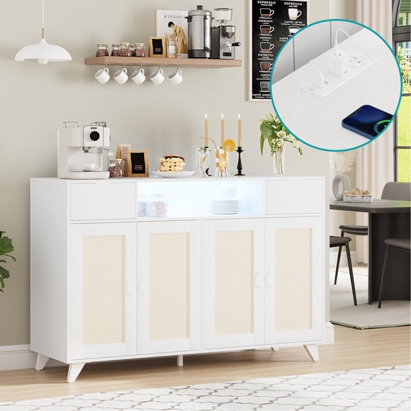 AKDSteel 2 Drawers Rattan Cabinet with Power Outlet and LED Light, Boho Sideboard Buffet with 4 Door, Accent Storage Cabinet with Adjustable Shelve for Living Room, Dining Room, Hallway, Console