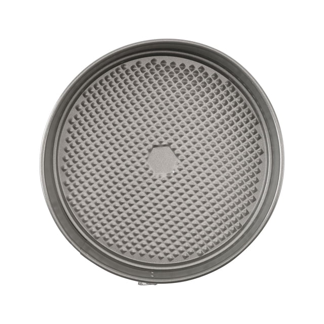GoodCook Everyday Nonstick Steel Springform Pan, 9 inch gray, top view showing textured nonstick surface and spring-clip latch, made of heavy-duty steel for even heat distribution and dishwasher safe, ideal for baking cheesecakes and coffee cakes.