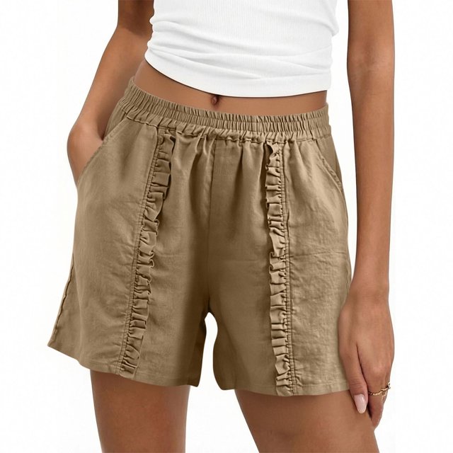 LVHAOGJOB Womens Cottton Linen Shorts Elastic Waist Plus Size Summer Solid Color with Pockets Khaki Drawstring Shorts Pants for Ladies