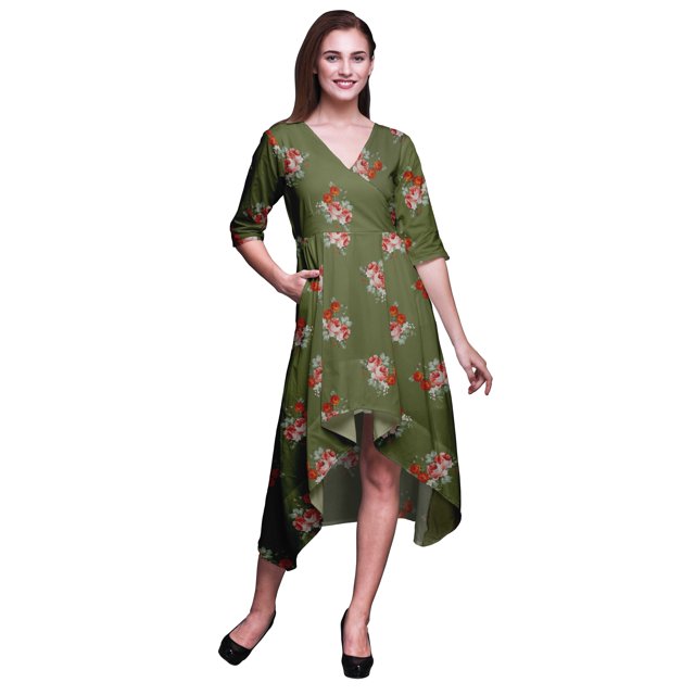 Bimba Robe Mi-Longue Classique en Coton à Manches Courtes Imprimée de Feuilles Vertes et de Roses Grandiflora avec Poches, Coupe Droite Asymétrique - XX-Grand