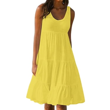 Robe à Étages Grande Taille pour Femmes Pulpeuses Sans Manches Décontractée de Plage, Robes d'Été Évasées Fluides Amples pour Femmes Jaune, G