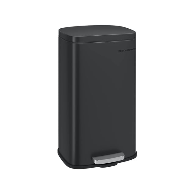 SONGMICS Trash Can with Lid, 8-gallon garbage bin in black stainless steel, featuring a slim rectangular design. Includes a step pedal, soft-close lid, and removable inner bucket for easy waste disposal. Suitable for kitchens or compact spaces.