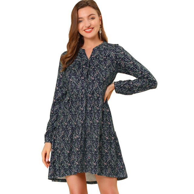 INSPIRE CHIC Robe Décontractée pour Femme à Fleurs, Col en V, Taille Cintrée, Manches Longues