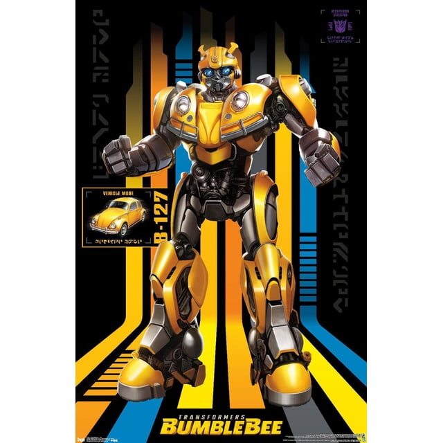 Hasbro Transformers: Bumblebee - 127 Wall Poster, 22.375" x 34" featuring a front-facing full-body view of the yellow and black Bumblebee robot with blue eyes, set against a black background with vertical yellow, orange, and blue stripes. Includes a small inset of Bumblebee's yellow Volkswagen Beetle vehicle mode labeled 'B-127'. This wall art is ideal for decorating bedrooms, offices, or dorm rooms.